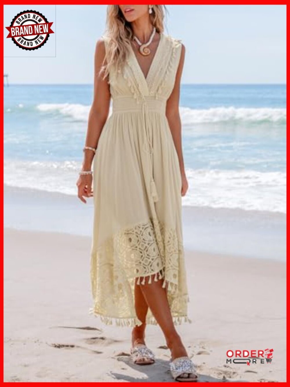 V-Neck Sleeveless Maxi Dress with Lace Tassel Smocked Waist - Picture 2 of 7